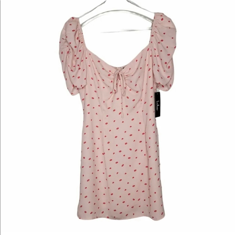 LULUS Mini Dress My Lips Are Sealed Pink Multi Lip Print Puff Sleeve Babydoll